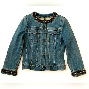 T Tahari Denim Jean Jacket M Embellished Beaded Coat Snap Closure  Pockets